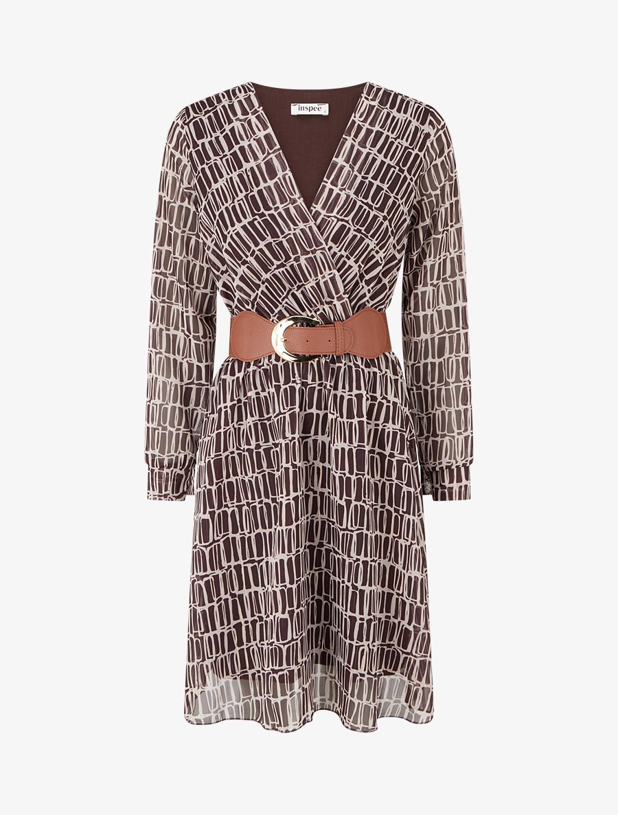 Robe mi-longue élastiquée imprimé graphique - Marron - 1