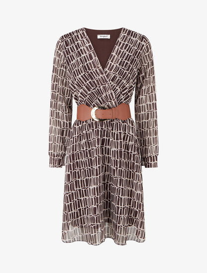 Robe mi-longue élastiquée imprimé graphique - Marron - 1