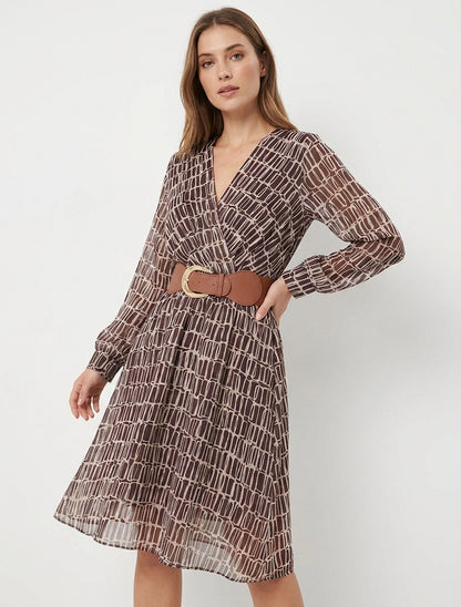 Vestido midi elástico con estampado gráfico - Marrón