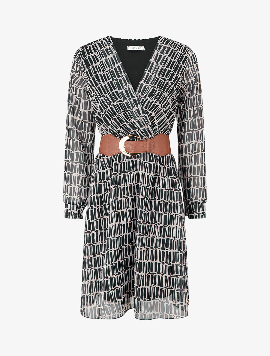 Robe mi-longue élastiquée imprimé graphique - Noir - 1