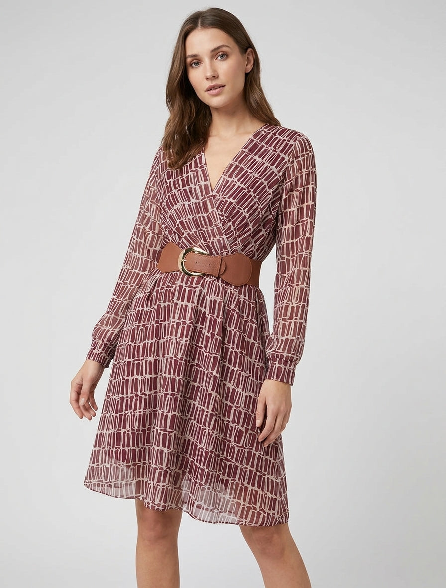 Vestido midi elástico con estampado gráfico - Burdeos