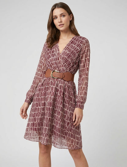 Vestido midi elástico con estampado gráfico - Burdeos