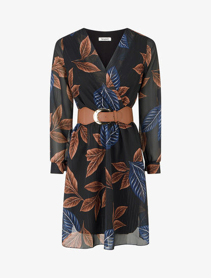 Robe mi-longue élastiquée imprimé feuilles - Noir - 1