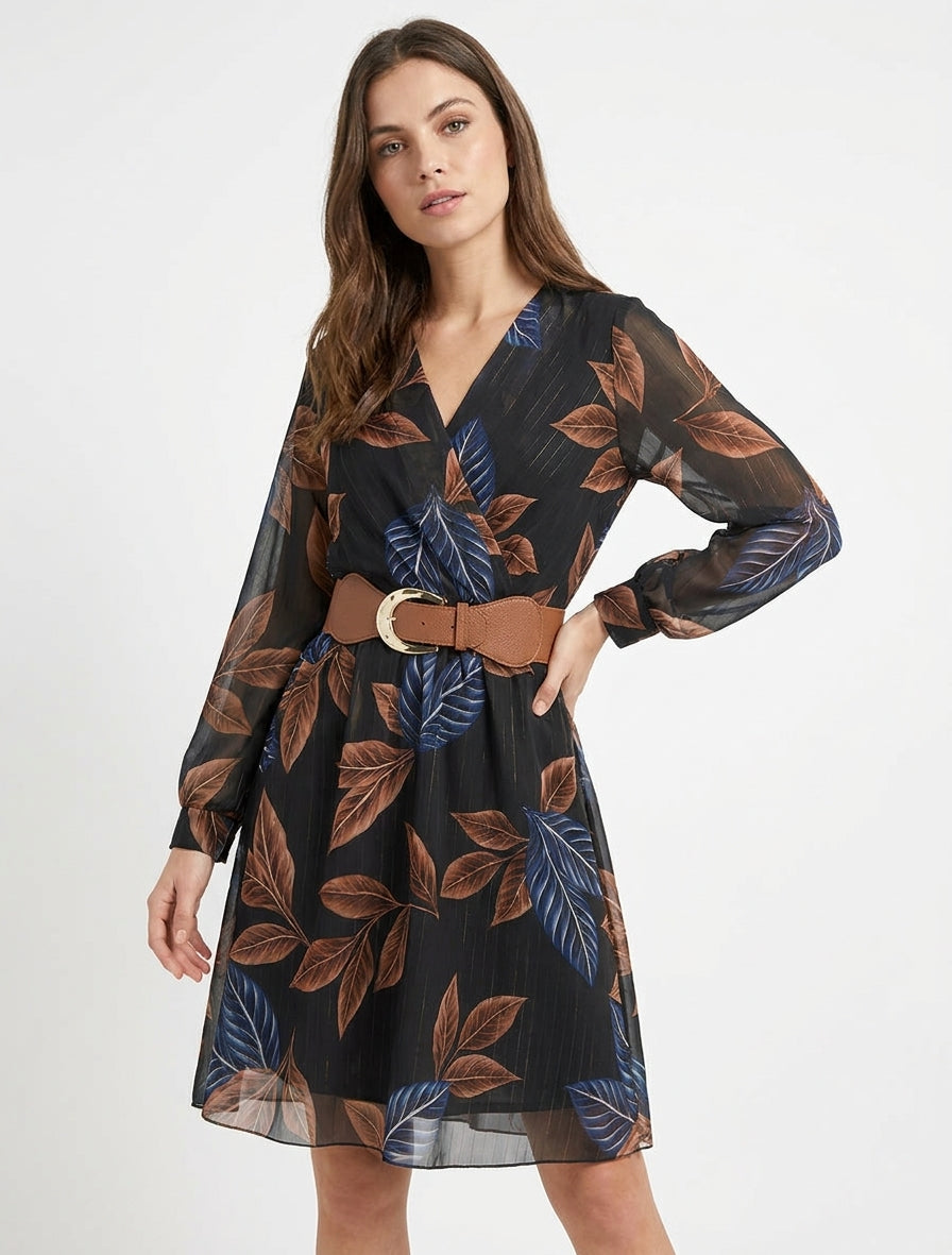 Vestido midi elástico estampado de hojas - Negro
