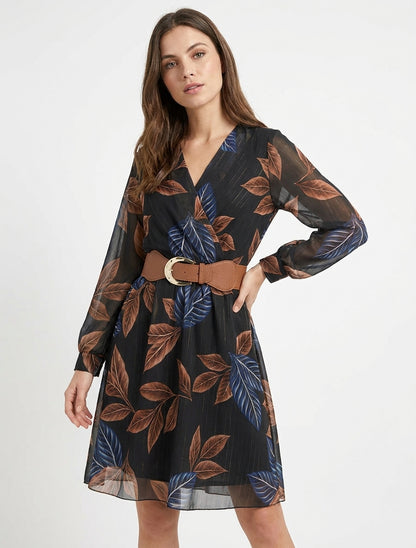 Vestido midi elástico estampado de hojas - Negro