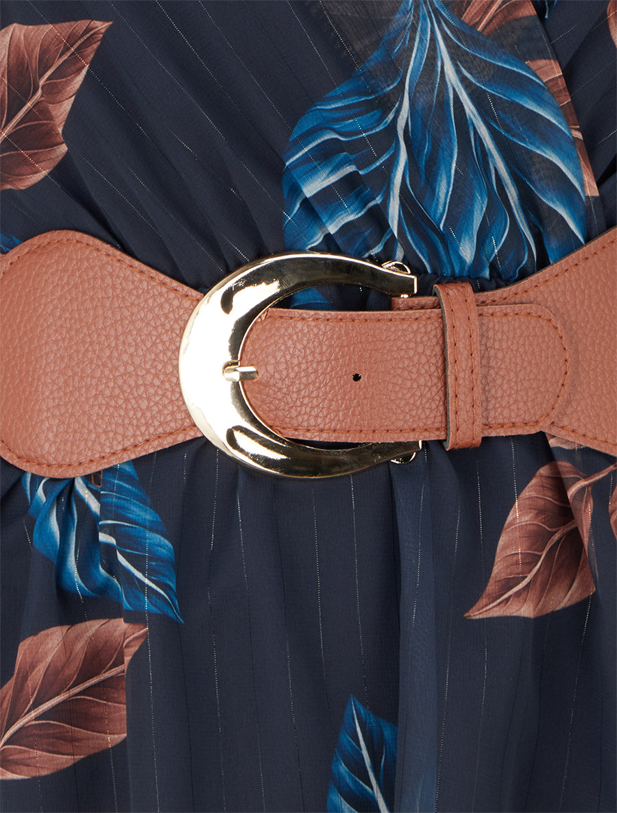 Robe mi-longue élastiquée imprimé feuilles - Marine - 3