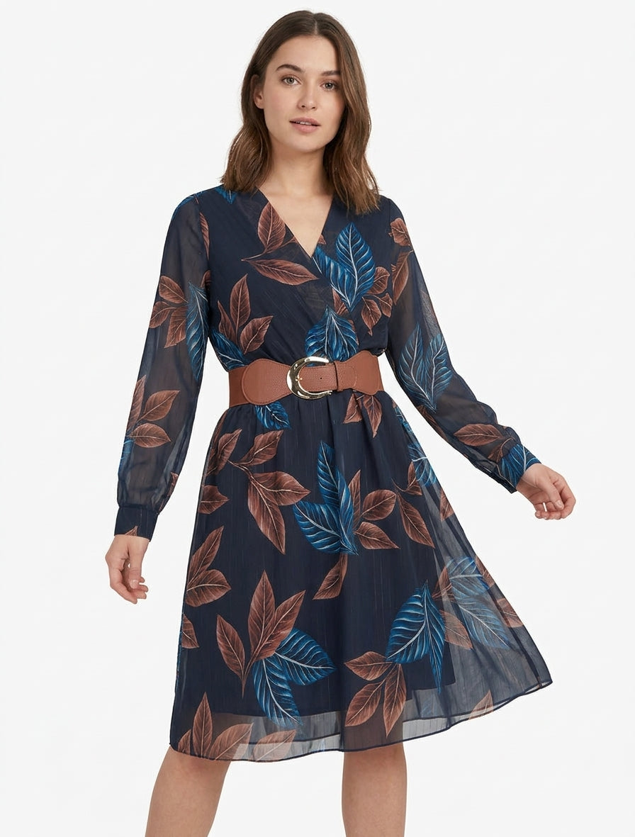 Vestido midi elástico estampado de hojas - Marine