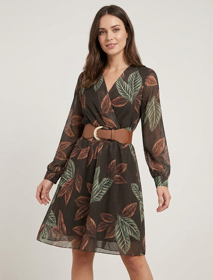 Vestido midi elástico estampado de hojas - Marrón