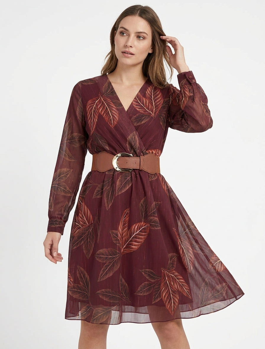 Vestido midi elástico estampado de hojas - Color vino