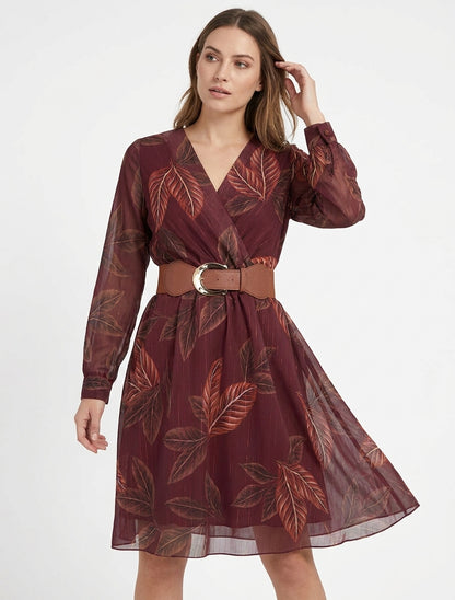 Vestido midi elástico estampado de hojas - Color vino