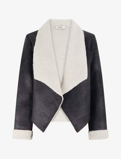 Blouson aviateur à col châle moumoute - Noir - 1