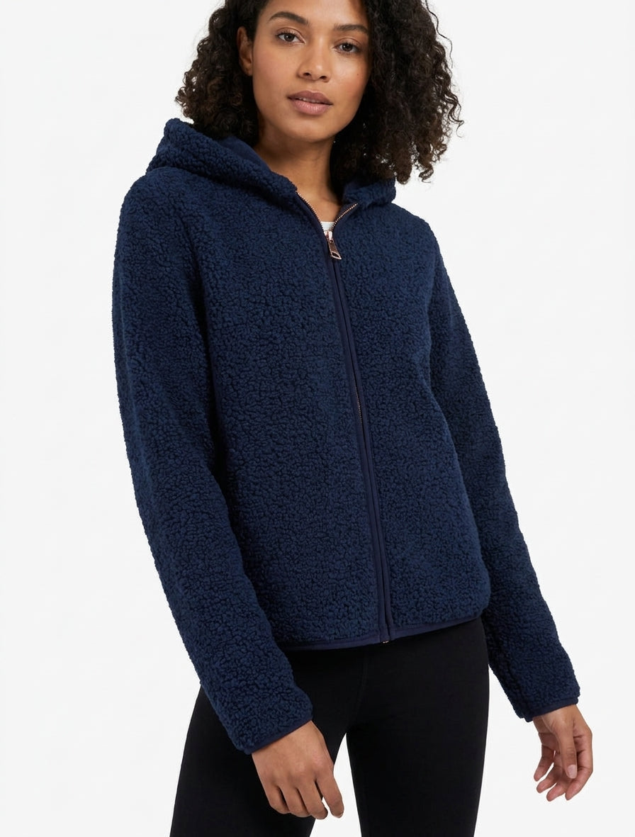Chaqueta con cremallera y capucha efecto lana rizada. - Marine