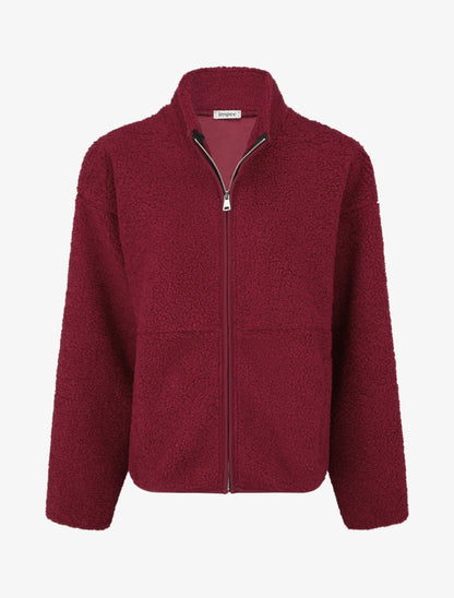 Veste effet laine bouclée à col montant - Rouge - 1