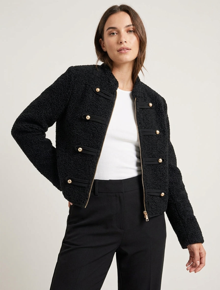 Chaqueta efecto lana rizada estilo oficial - Negro
