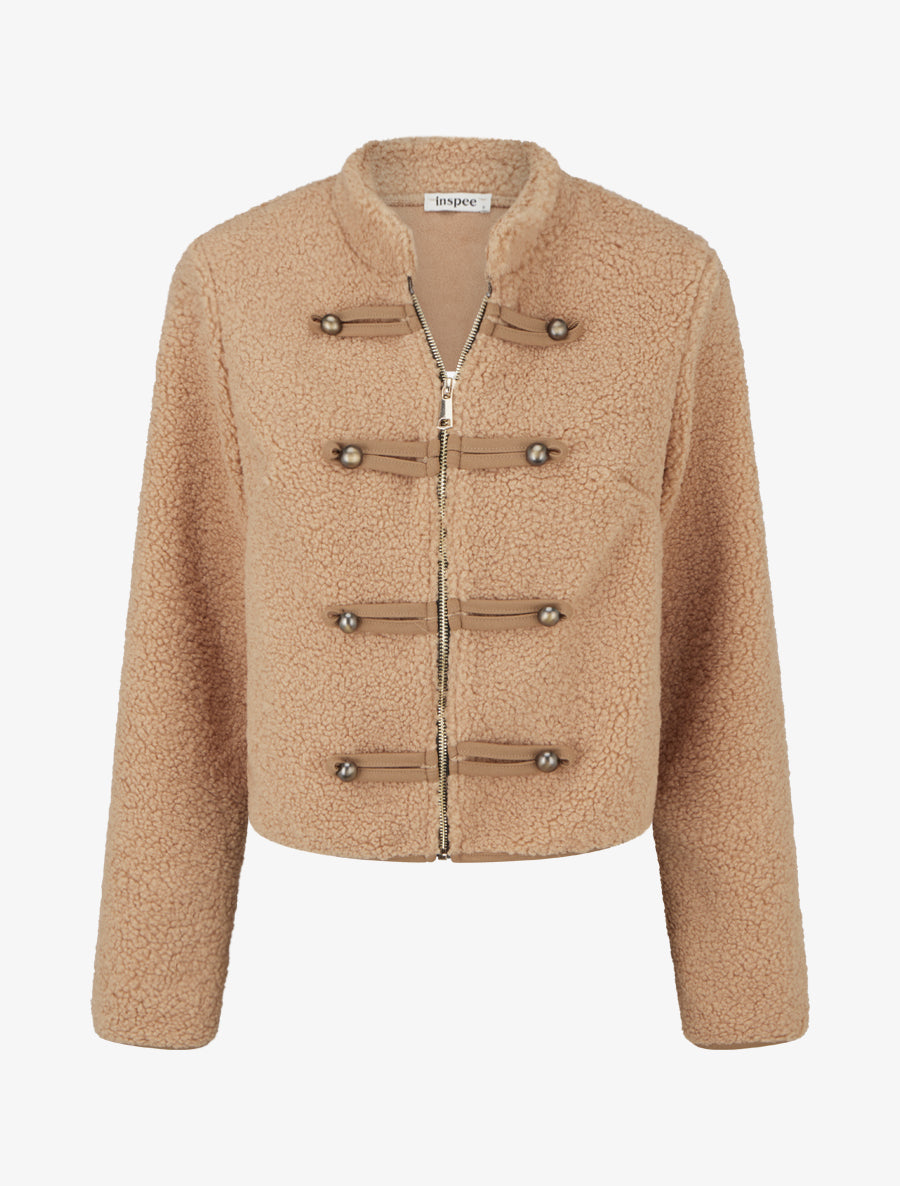 Veste effet laine bouclée style officier - Camel - 1