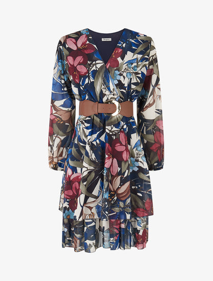 Robe à basque imprimé tropical - Marine - 1