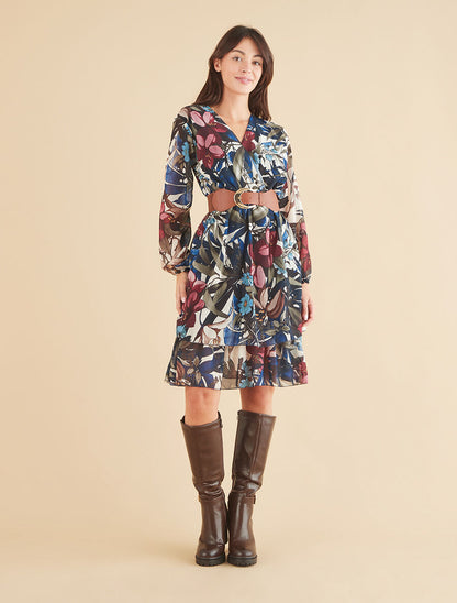 Robe à basque imprimé tropical - Marine - 4