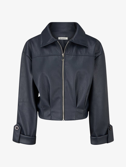 Blouson court en simili - Bleu nuit - 1