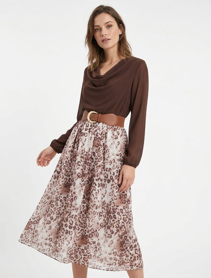Vestido recto de leopardo con mangas largas - Marrón