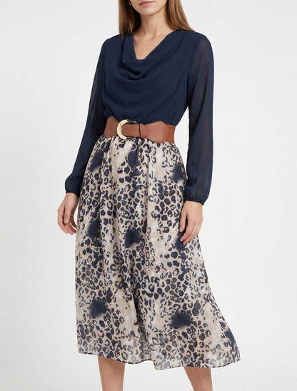 Vestido recto de leopardo con mangas largas - Marine