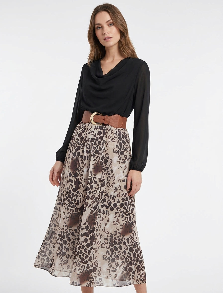 Vestido recto de leopardo con mangas largas - Negro