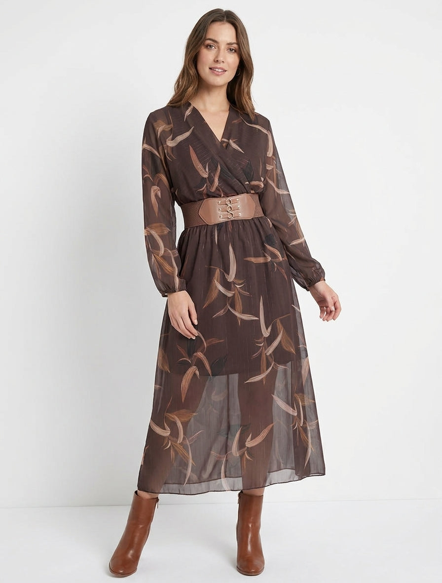 Vestido largo estampado de hojas con rayas irisadas - Marrón