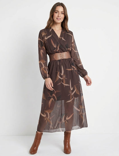Vestido largo estampado de hojas con rayas irisadas - Marrón