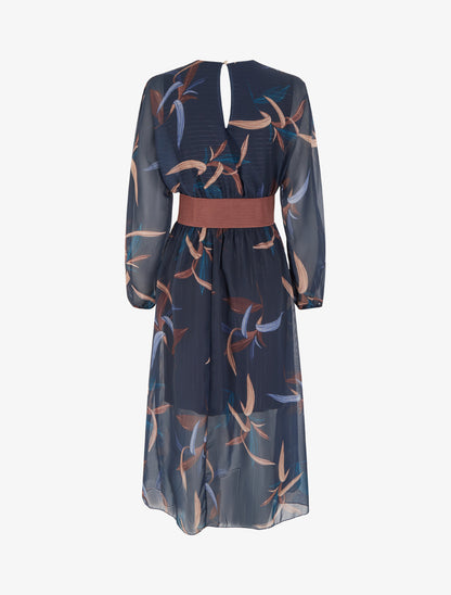 Robe longue imprimé feuilles à rayures irisées - Marine - 2