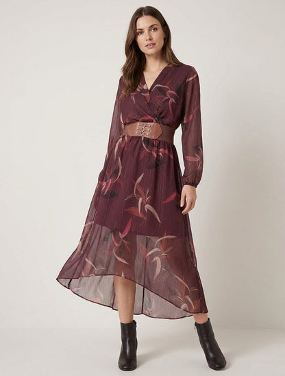 Vestido largo estampado de hojas con rayas irisadas - Color vino