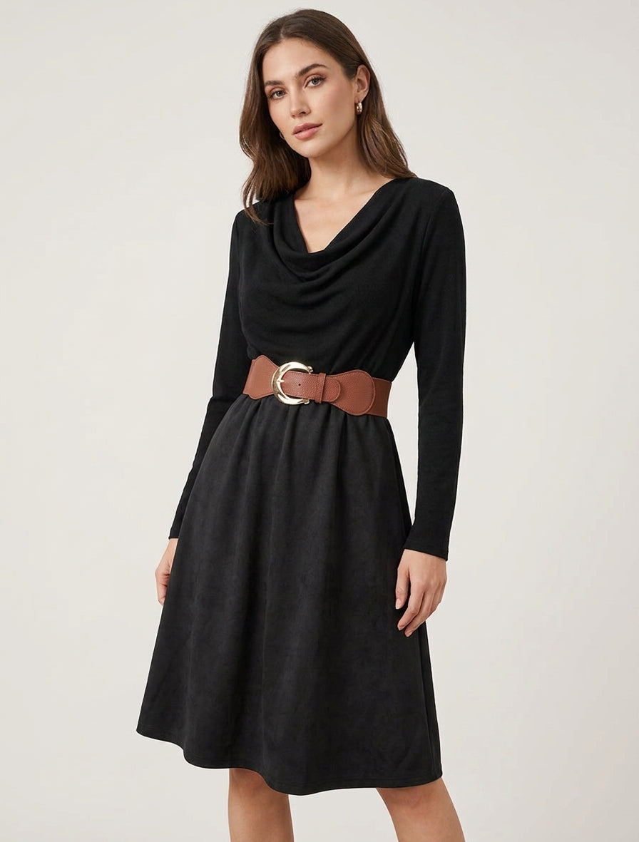 Vestido bicolor con cuello drapeado - Negro