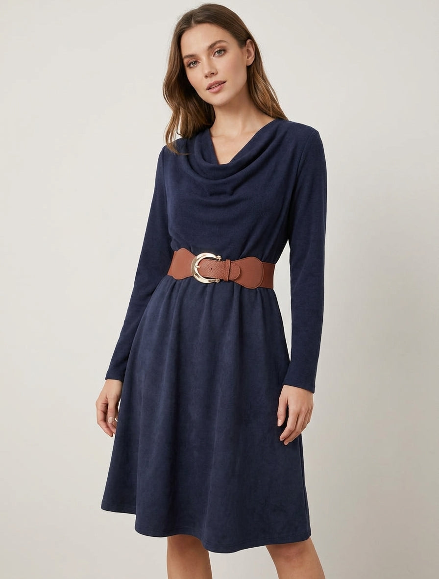 Vestido bimaterial con cuello drapeado - Marine