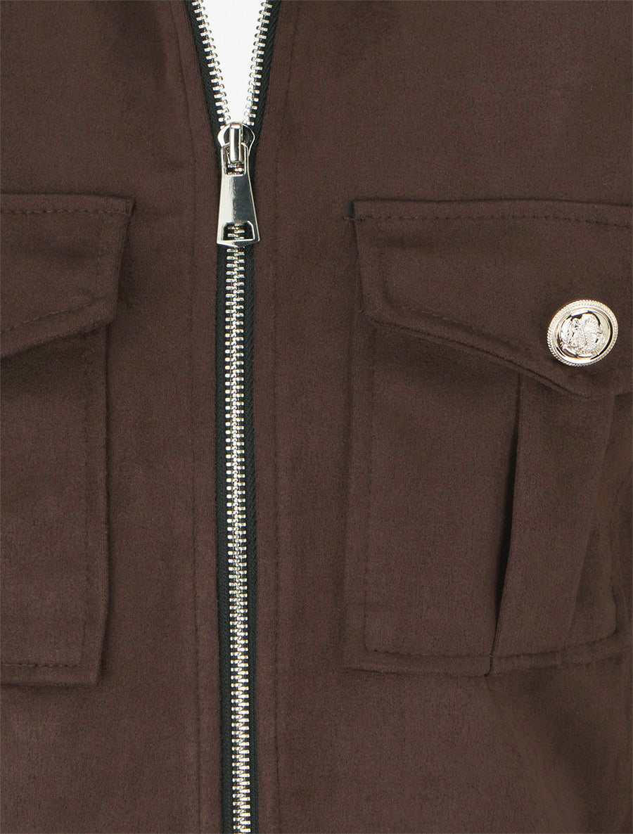 Veste en suédine zippée à poche à rabat - Marron - 3