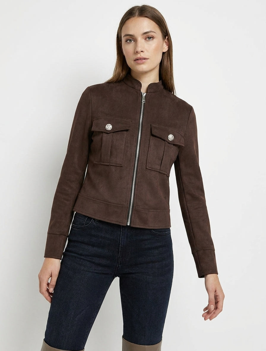 Chaqueta de ante con cremallera y bolsillo con solapa - Marrón