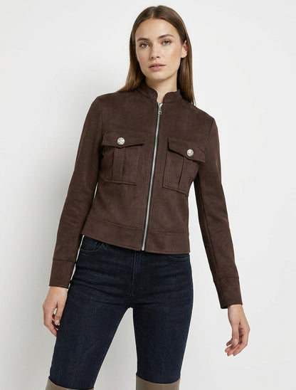 Chaqueta de ante con cremallera y bolsillo con solapa - Marrón