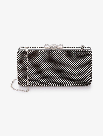 Minaudière rectangulaire à fermoir noeud et strass - Noir - 1
