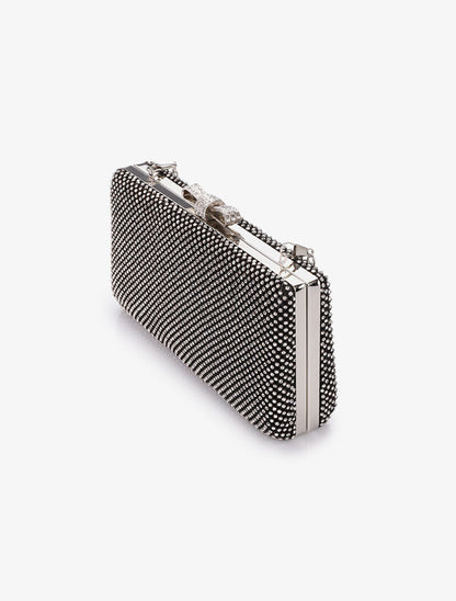 Minaudière rectangulaire à fermoir noeud et strass - Noir - 2