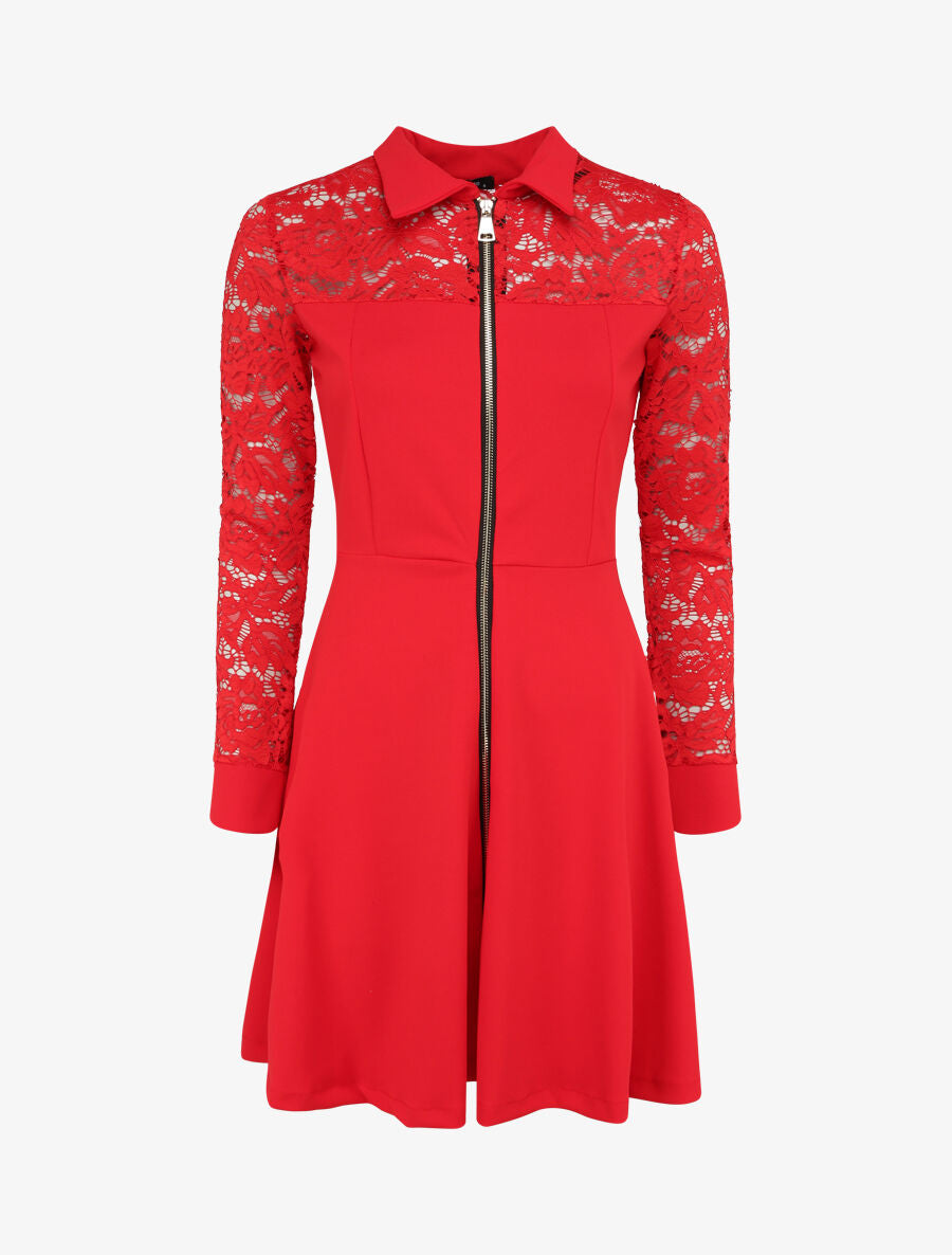 Robe patineuse unie à manches dentelle - Rouge - 5