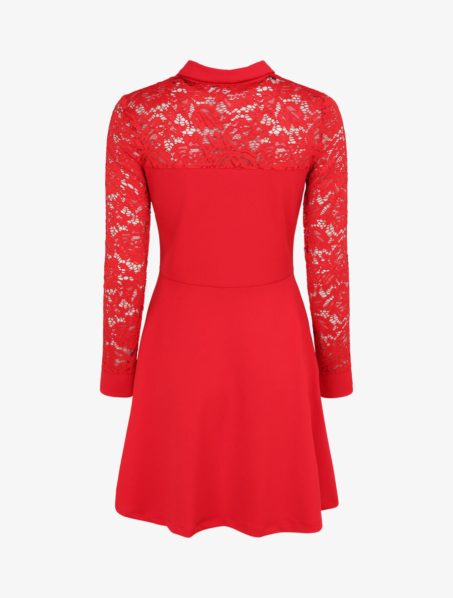 Robe patineuse unie à manches dentelle - Rouge - 2