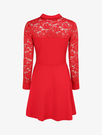 Robe patineuse unie à manches dentelle - Rouge - 2
