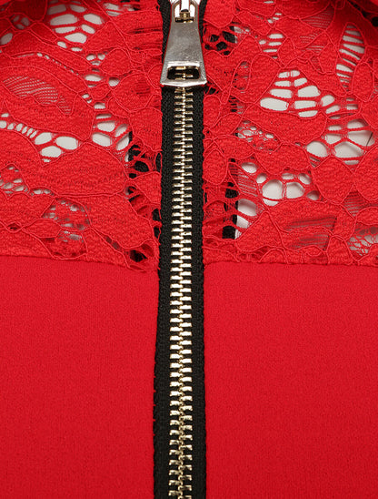 Robe patineuse unie à manches dentelle - Rouge - 3