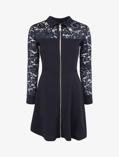 Robe patineuse unie à manches dentelle - Bleu nuit - 4