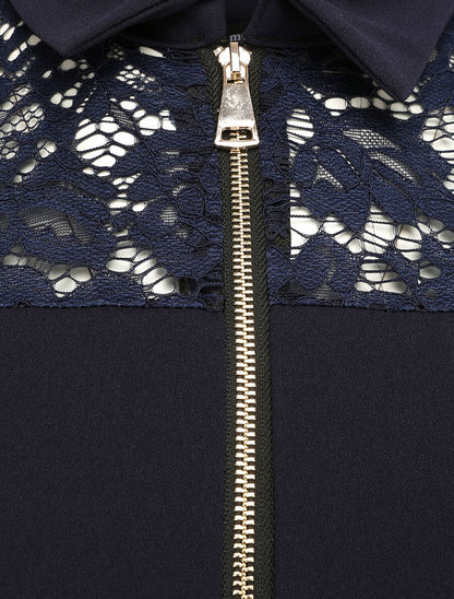 Robe patineuse unie à manches dentelle - Bleu nuit - 3