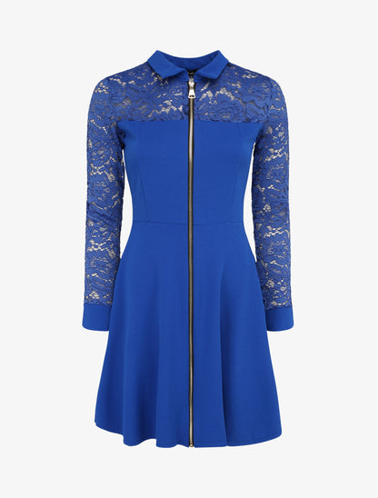 Robe patineuse unie à manches dentelle - Bleu électrique - 1