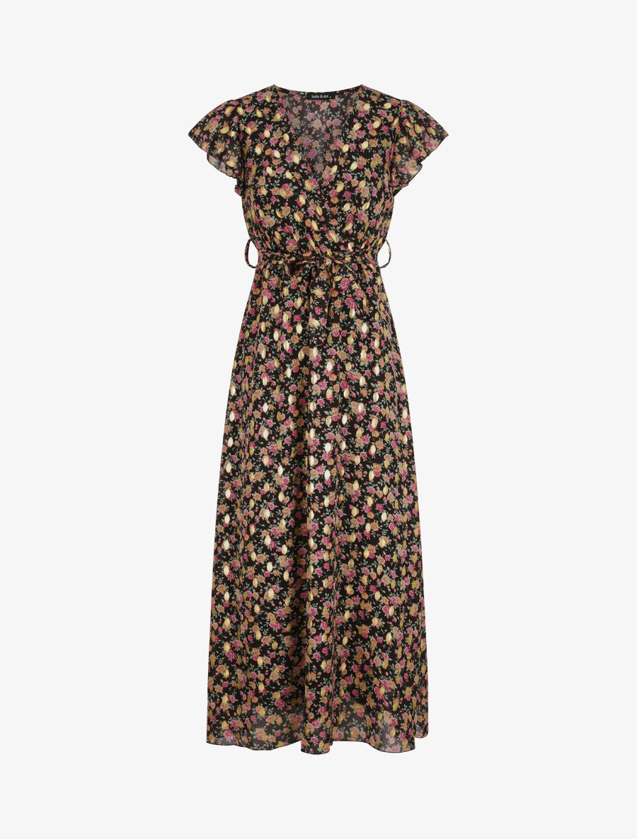 Robe longue cintrée imprimé roses irisées - Noir - 4