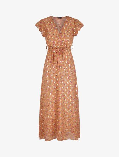 Robe longue cintrée imprimé roses irisées - Orange - 1