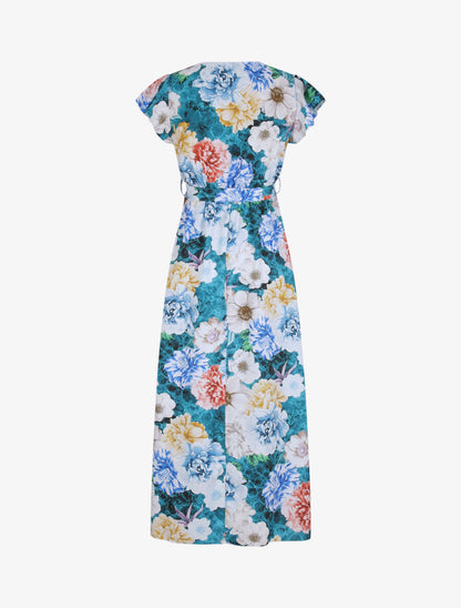 Robe longue cintrée imprimé pivoines stylisées - Bleu - 2