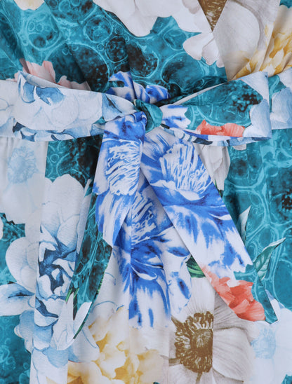 Robe longue cintrée imprimé pivoines stylisées - Bleu - 3