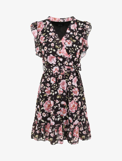 Robe patineuse mi-longue imprimé roses - Noir - 4