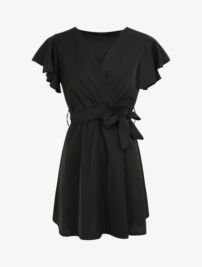 Robe patineuse courte à manches courtes volantées - Noir - 1
