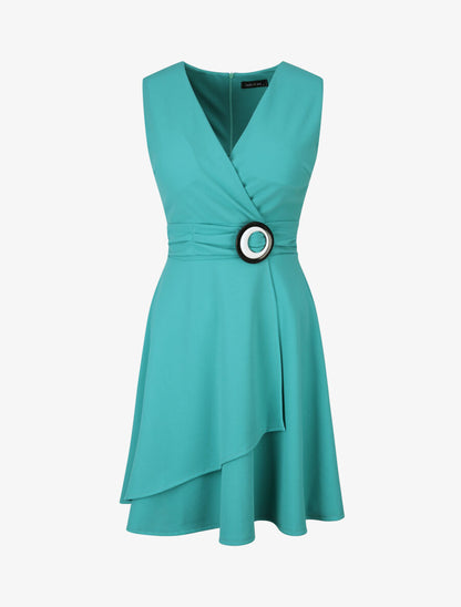 Robe patineuse sans manches à détail boucle ronde - Turquoise - 4